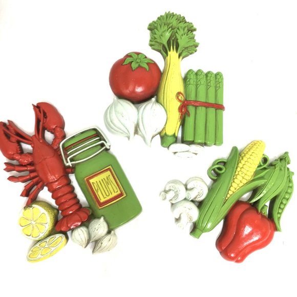Homco 70’s Retro Fruit and Vegetable Set of Three Wall Plaques Vtg - Picture 1 of 12